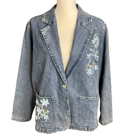 Denim 24/7 Jackets & Blazers - Denim 24/7 Blue Jean Jacket Blazer Long Sleeve with Embroidered Floral Design